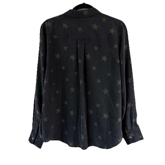 Rails Kate Silk Shirt Womens Medium Black Olive Green Stars Button Up - Picture 2 of 8